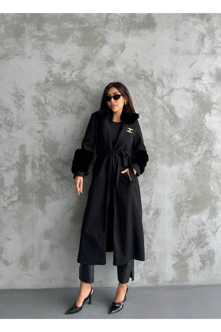 MXM Women IMPORTED FUR DETAIL LONG COAT WITH ARM AND COLLAR - Billings