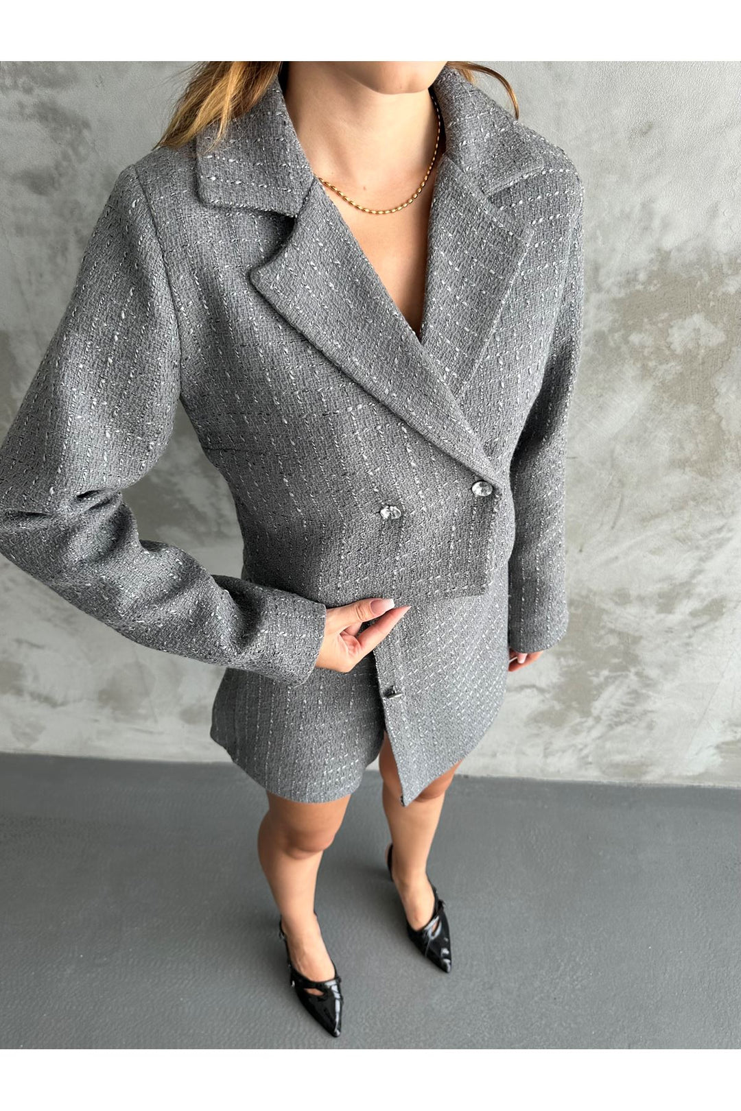 MXM Women TWEED SHORTS SKIRT SUIT WITH LAPEL COLLAR - Long Beach