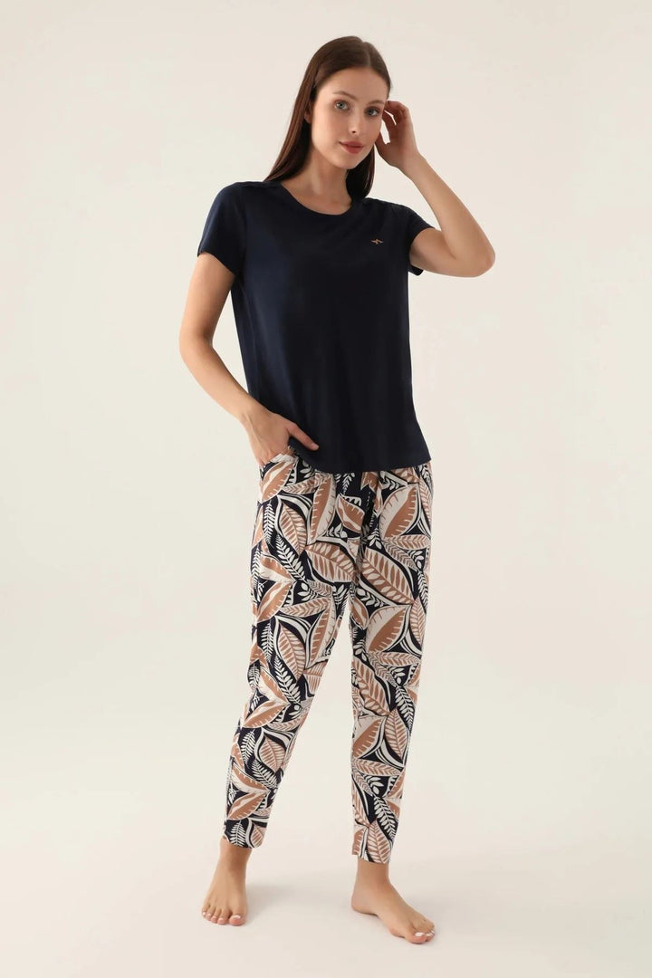 MXM Women Arnetta Leaf Navy Women's Short Sleeve Pajama Set - Petrel