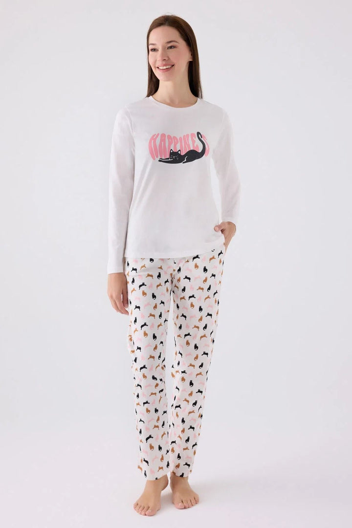 MXM Women Arnetta Women's Cream Long Sleeve Cat Printed Pajama Set - Recklinghausen