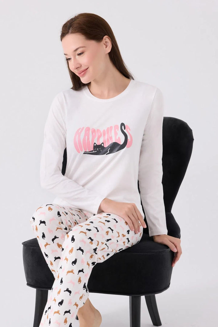 MXM Women Arnetta Women's Cream Long Sleeve Cat Printed Pajama Set - Recklinghausen