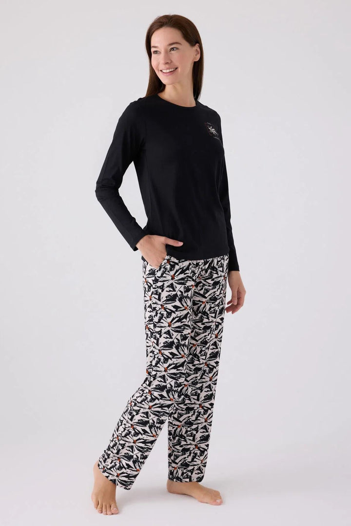 MXM Women Arnetta Women's Black Long Sleeve Patterned Pajama Set - Troy