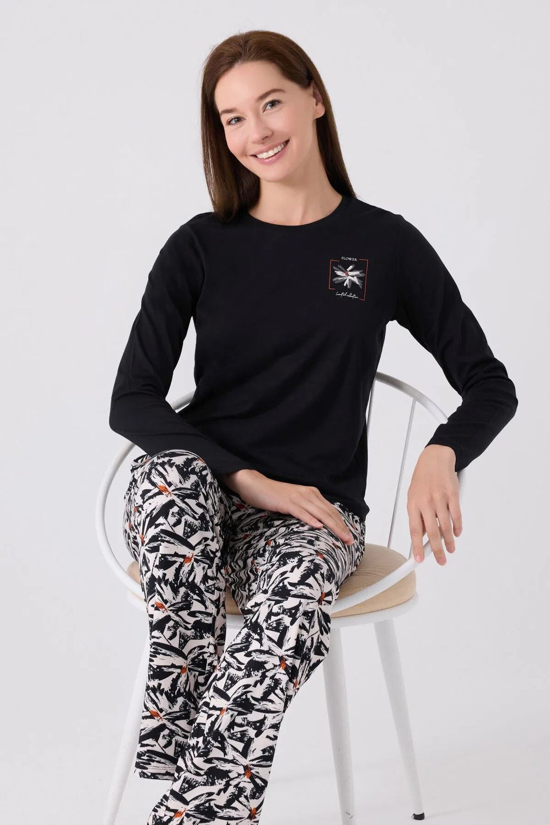 MXM Women Arnetta Women's Black Long Sleeve Patterned Pajama Set - Troy