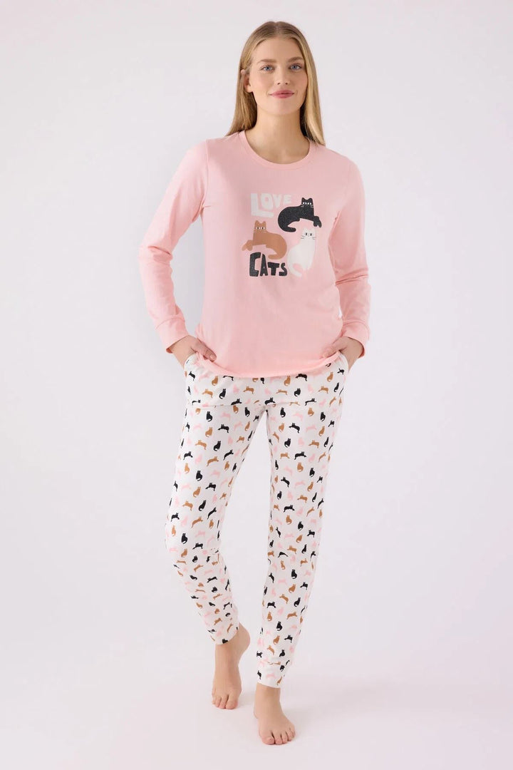 MXM Women Arnetta Women's Pink Long Sleeve Cat Printed Pajama Set - Clifton Park