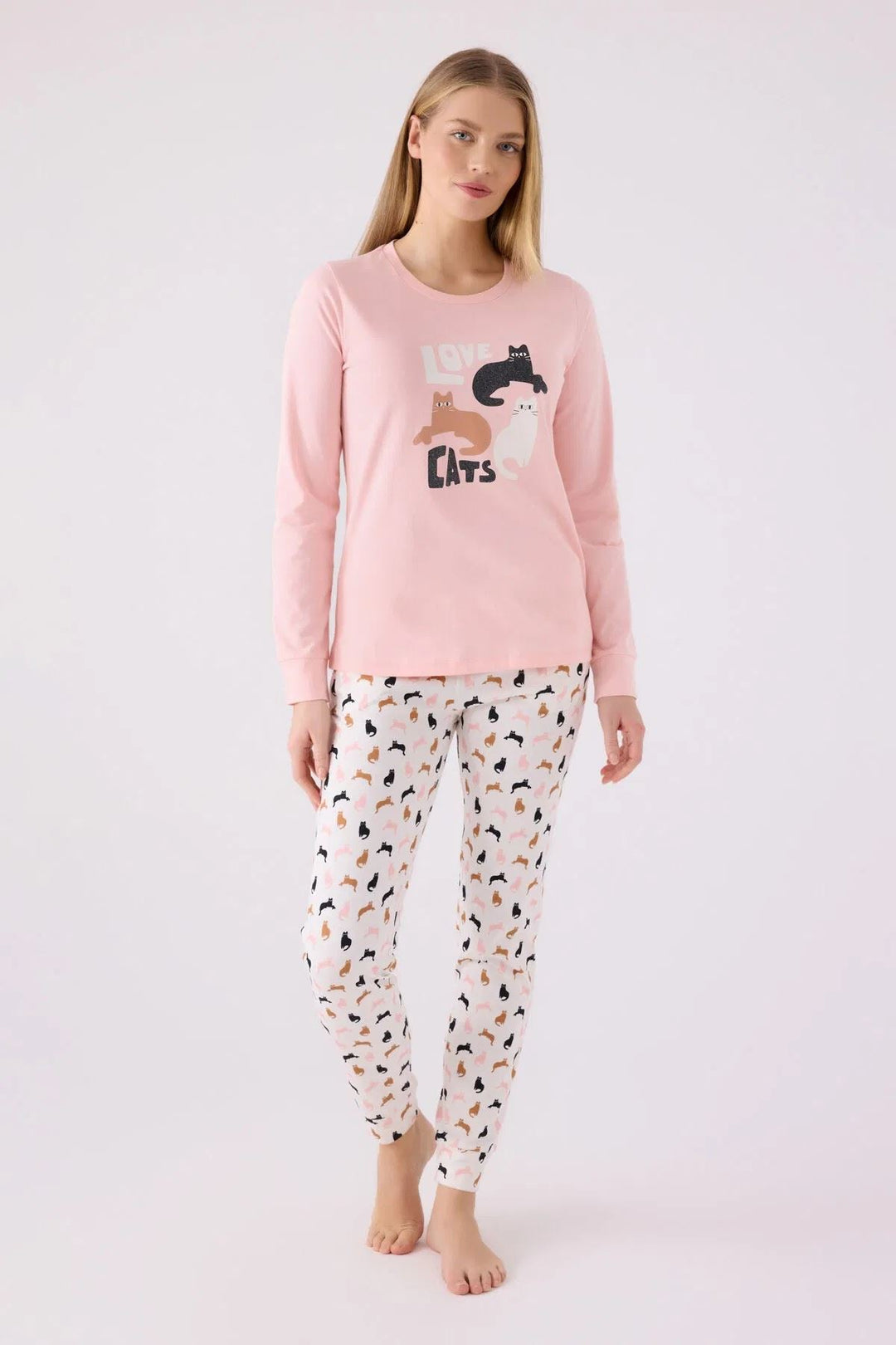 MXM Women Arnetta Women's Pink Long Sleeve Cat Printed Pajama Set - Clifton Park