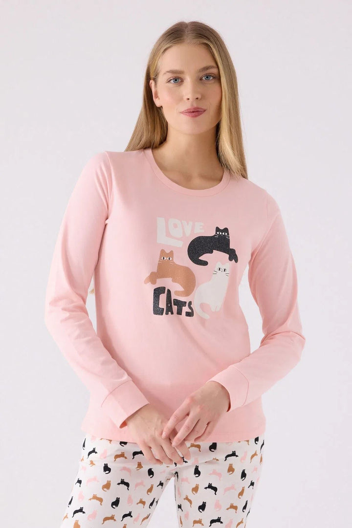 MXM Women Arnetta Women's Pink Long Sleeve Cat Printed Pajama Set - Clifton Park