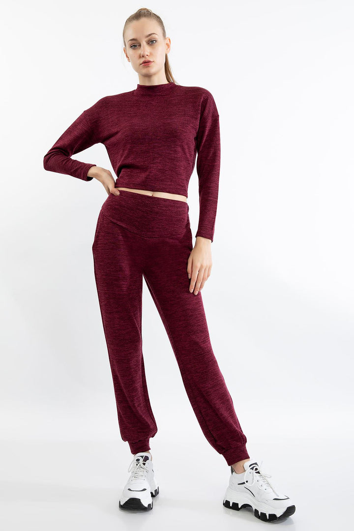 KKT Melange Fabric Long Comfy Fit Gray Women'S Trouser - Burgundy - Montesilvano