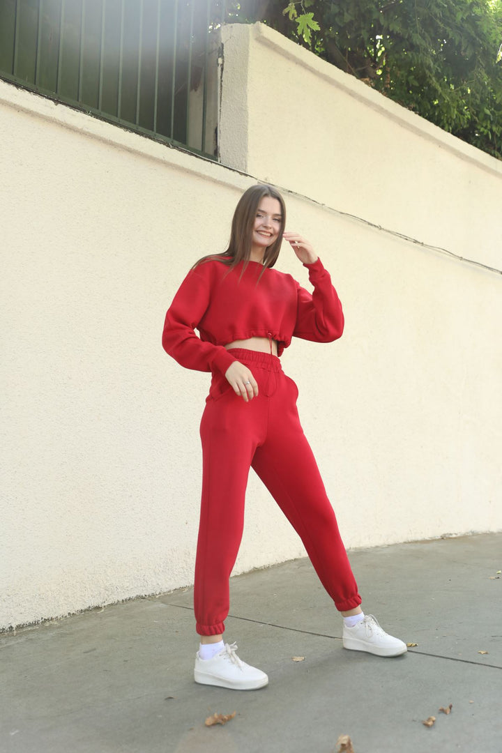 KKT Knit Fabric Long Sleeve Bicycle Collar Shirred Front Women Crop - Red - Colima