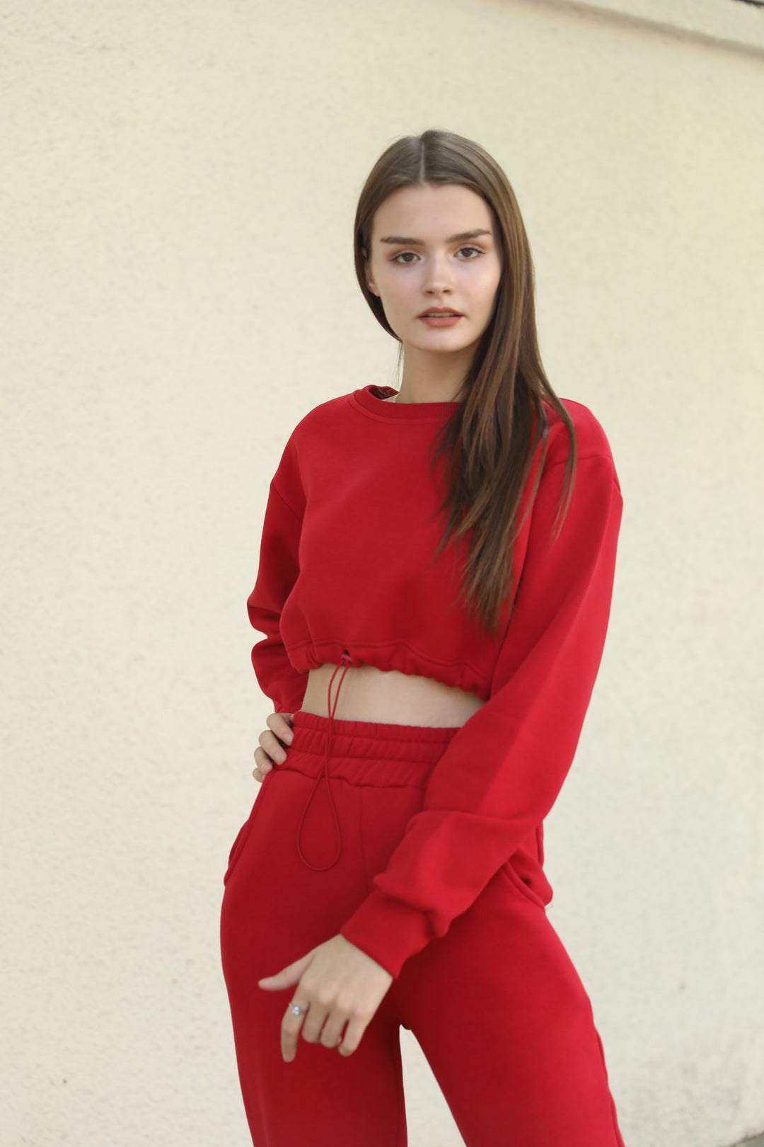 KKT Knit Fabric Long Sleeve Bicycle Collar Shirred Front Women Crop - Red - Colima