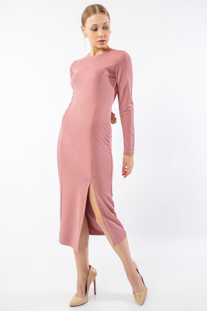 KKT Knit Fabric Long Sleeve Bicycle Collar Tight Fit Slit Mini Women Dress - Rose  - Bagnolet