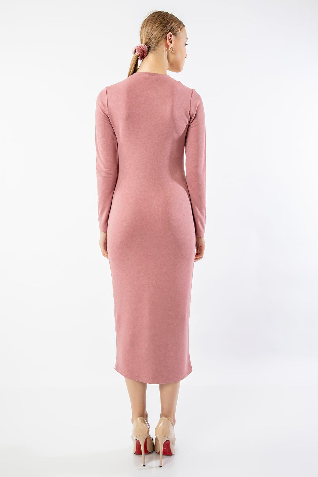 KKT Knit Fabric Long Sleeve Bicycle Collar Tight Fit Slit Mini Women Dress - Rose  - Bagnolet