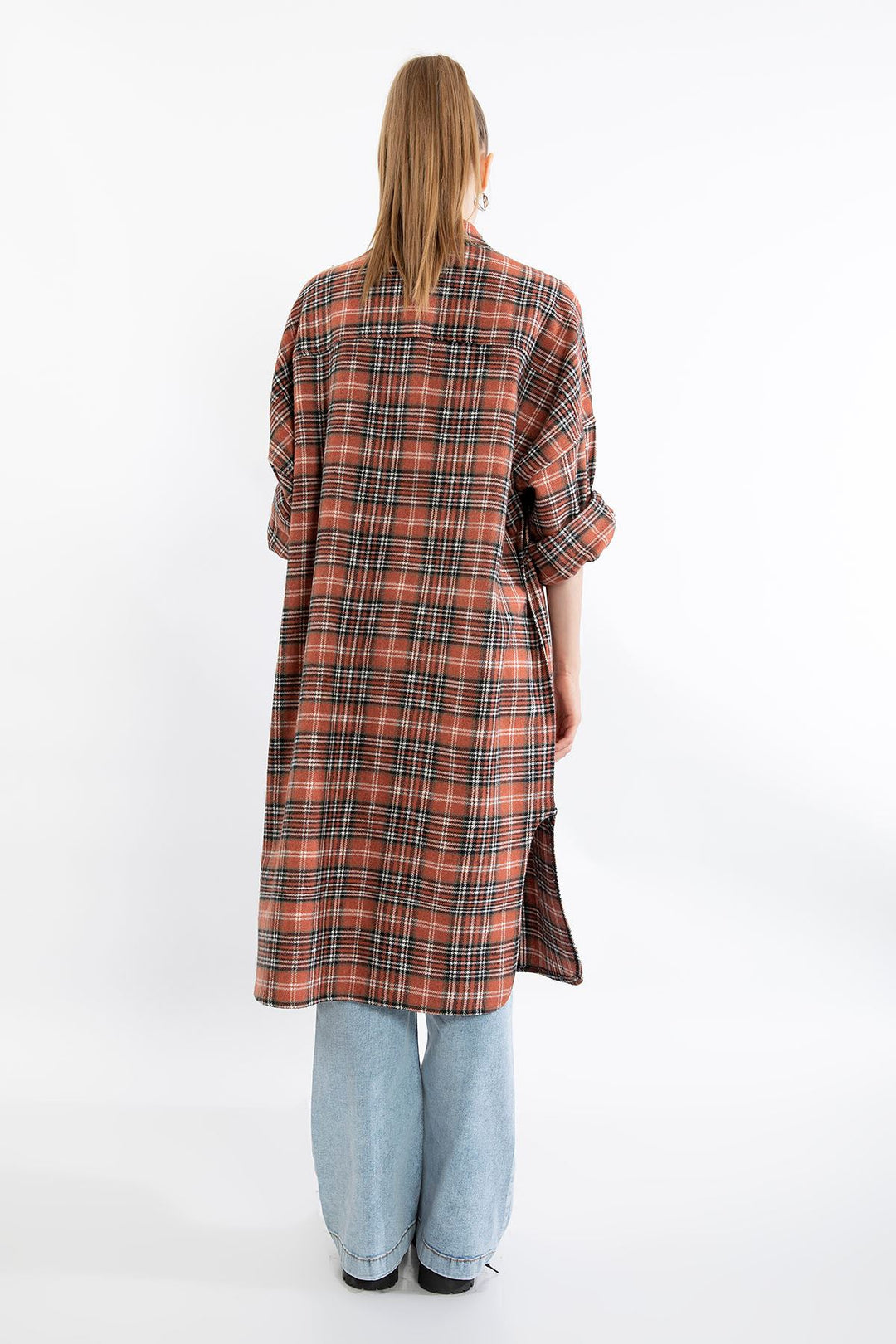 KKT Lumberjack Fabric Long Sleeve Below Knee Comfy Plaid Women'S Shirt - Brick  - La Ciotat