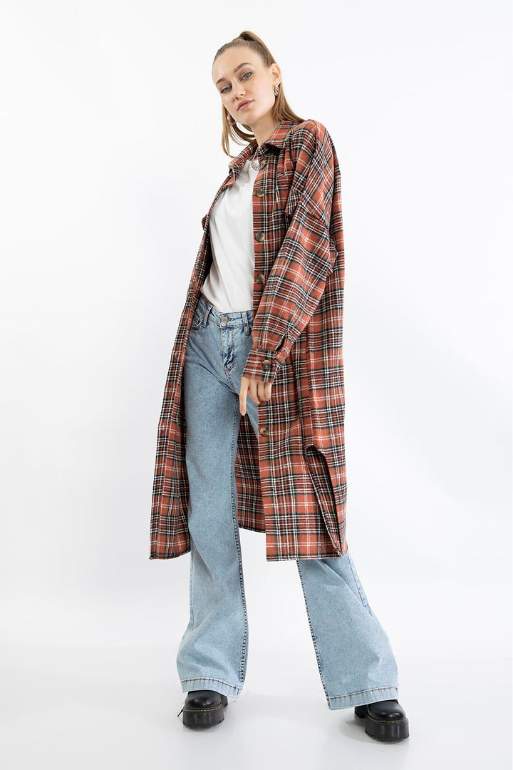 KKT Lumberjack Fabric Long Sleeve Below Knee Comfy Plaid Women'S Shirt - Brick  - La Ciotat