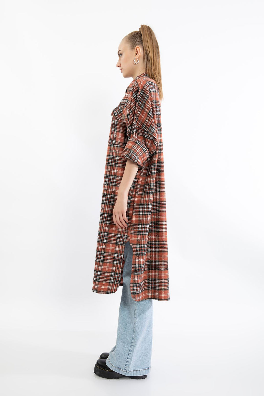 KKT Lumberjack Fabric Long Sleeve Below Knee Comfy Plaid Women'S Shirt - Brick  - La Ciotat