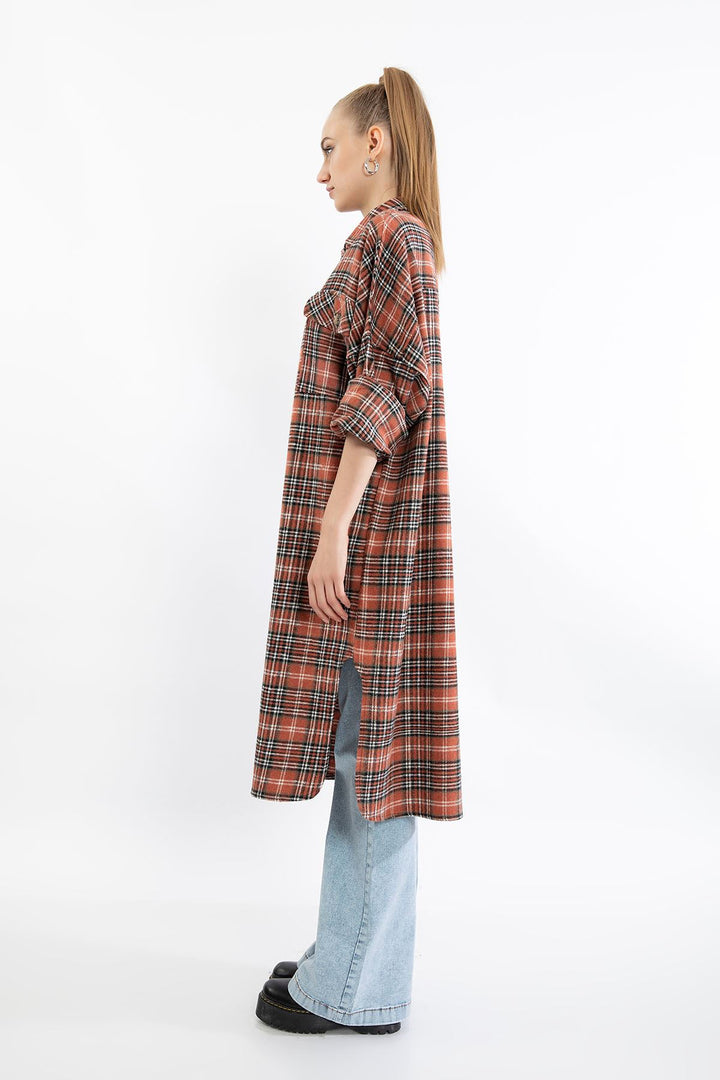 KKT Lumberjack Fabric Long Sleeve Below Knee Comfy Plaid Women'S Shirt - Brick  - La Ciotat