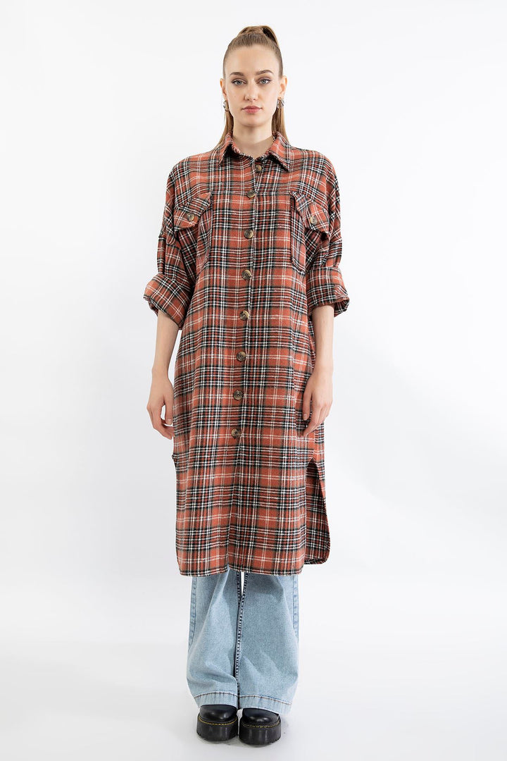 KKT Lumberjack Fabric Long Sleeve Below Knee Comfy Plaid Women'S Shirt - Brick  - La Ciotat