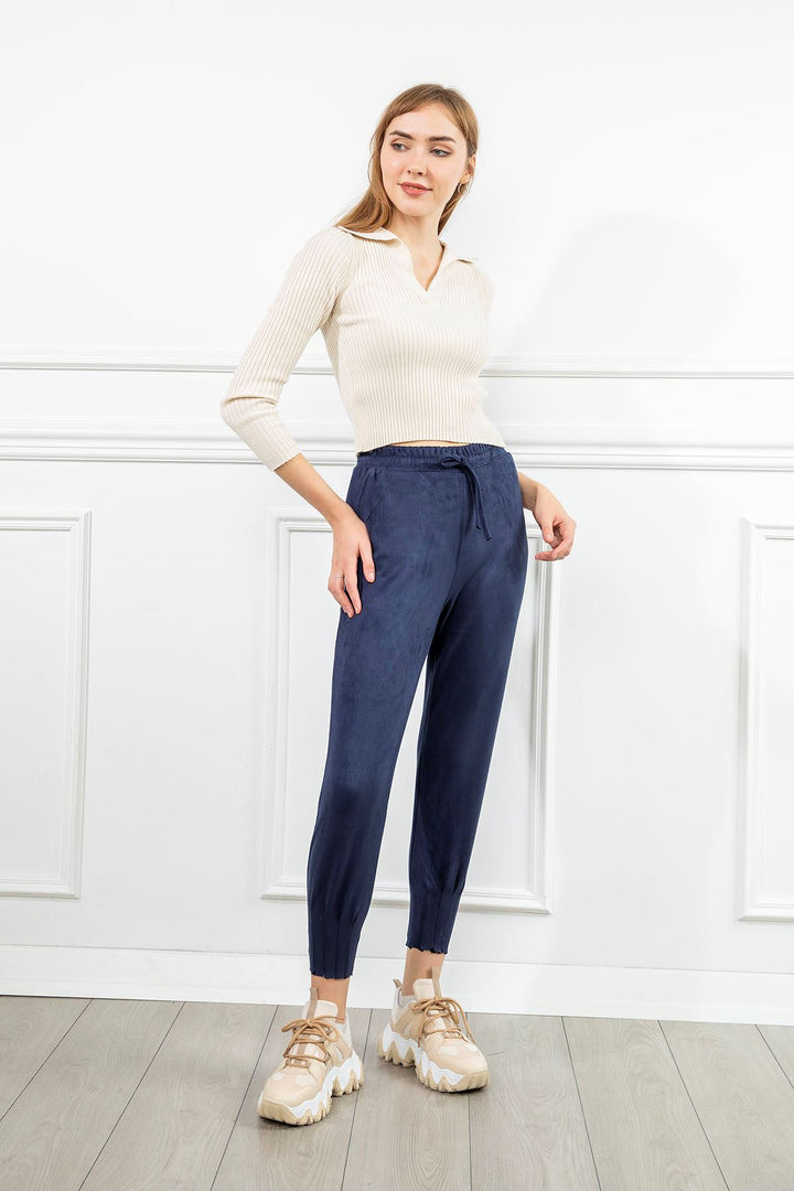 KKT Suede Fabric Tight Fit Slited Women'S Trouser - Navy Blue  - Copperas Cove