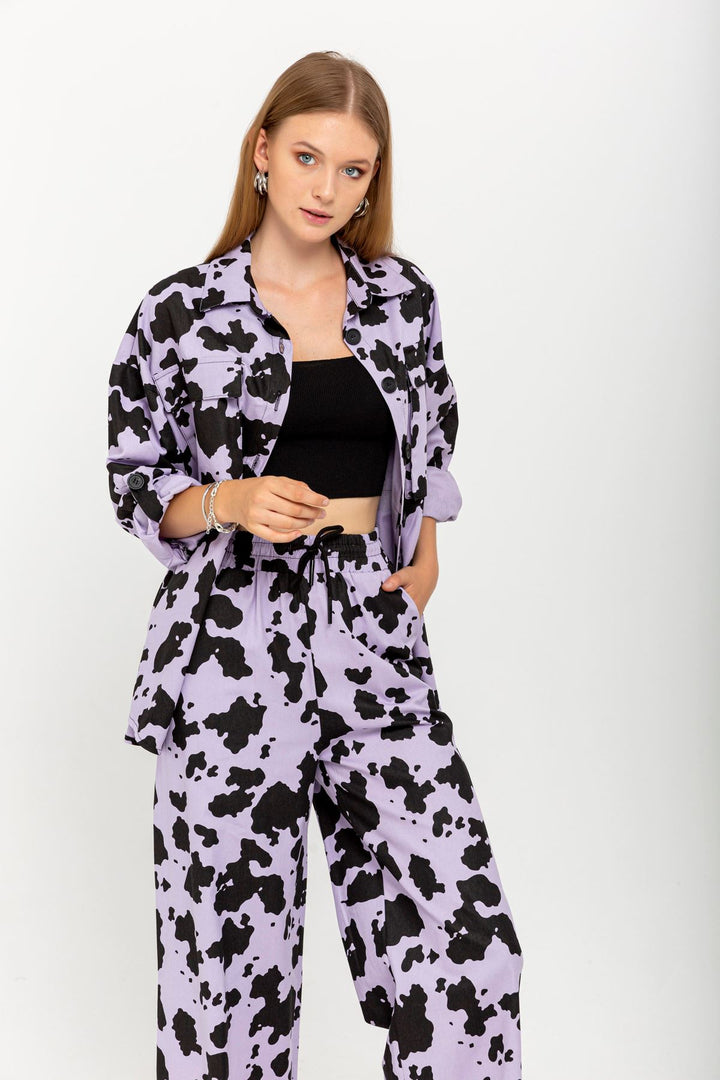 KKT Gabardine Fabric Long Sleeve Shirt Collar Oversize Cow Print Women Jacket - Lilac - Ágios Dimítrios