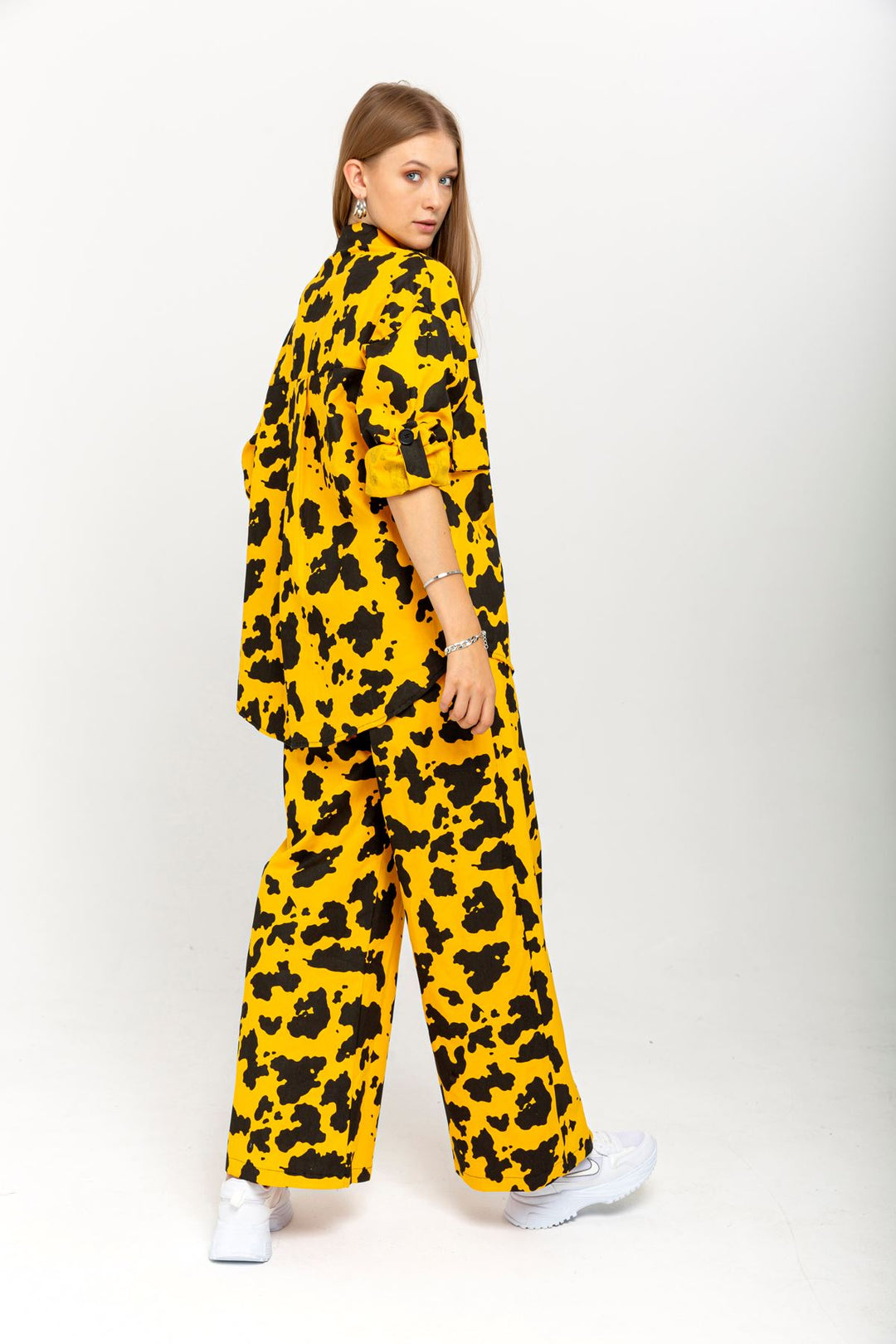 KKT Gabardine Fabric Loose Calf Patterned Women's Yellow Trousers - Walsall