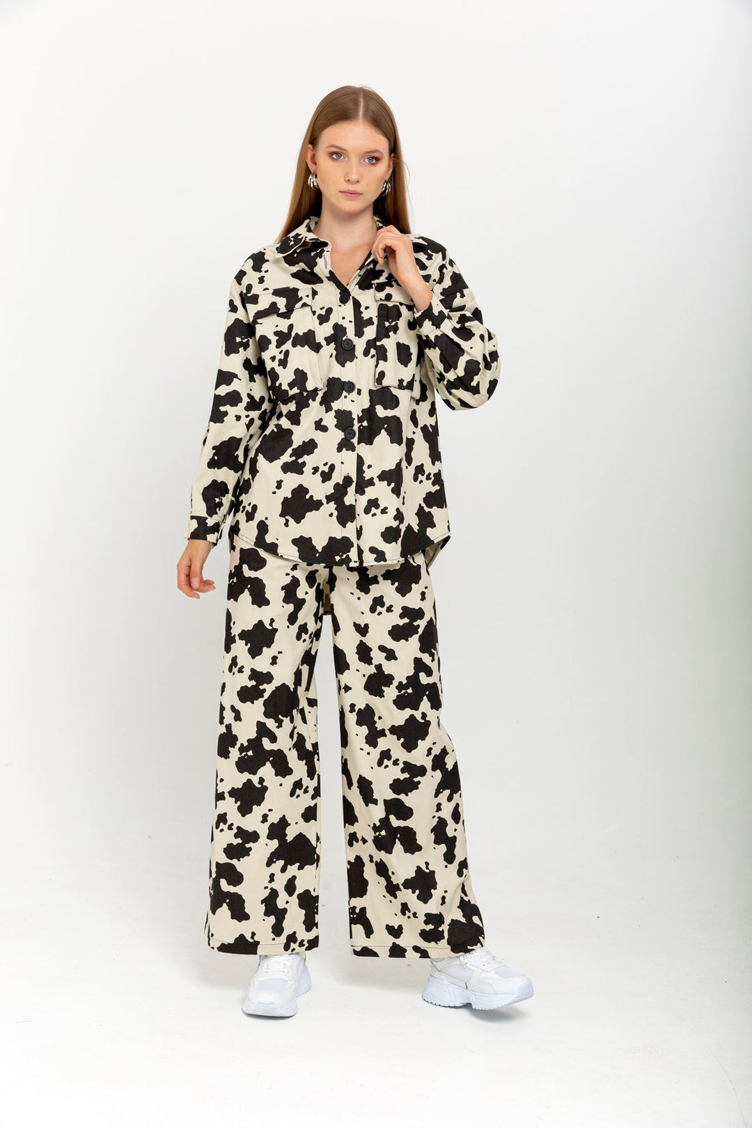 KKT Gabardine Fabric Long Wide Cow Print Women'S Trouser - Stone - Montélimar