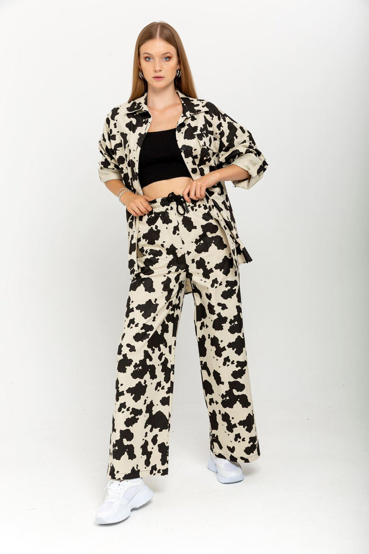 KKT Gabardine Fabric Long Wide Cow Print Women'S Trouser - Stone - Montélimar