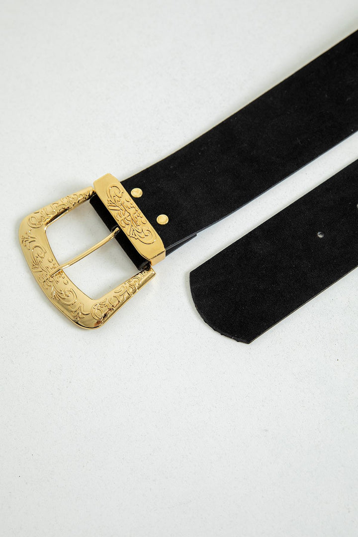 KKT Embroidered Detail Suede Women Belt-Black - Zapotlanejo