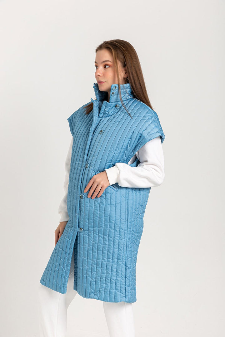 KKT Quilted Fabric Sleeveless Hooded Knee Height Button Women Vest - Light Blue - Alcalá de Henares