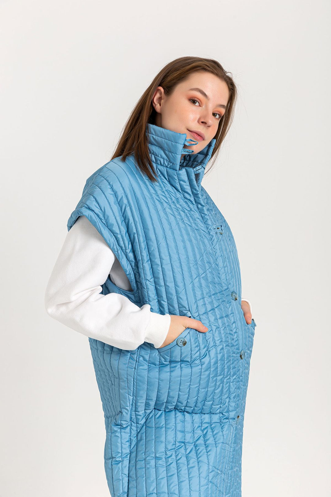 KKT Quilted Fabric Sleeveless Hooded Knee Height Button Women Vest - Light Blue - Alcalá de Henares