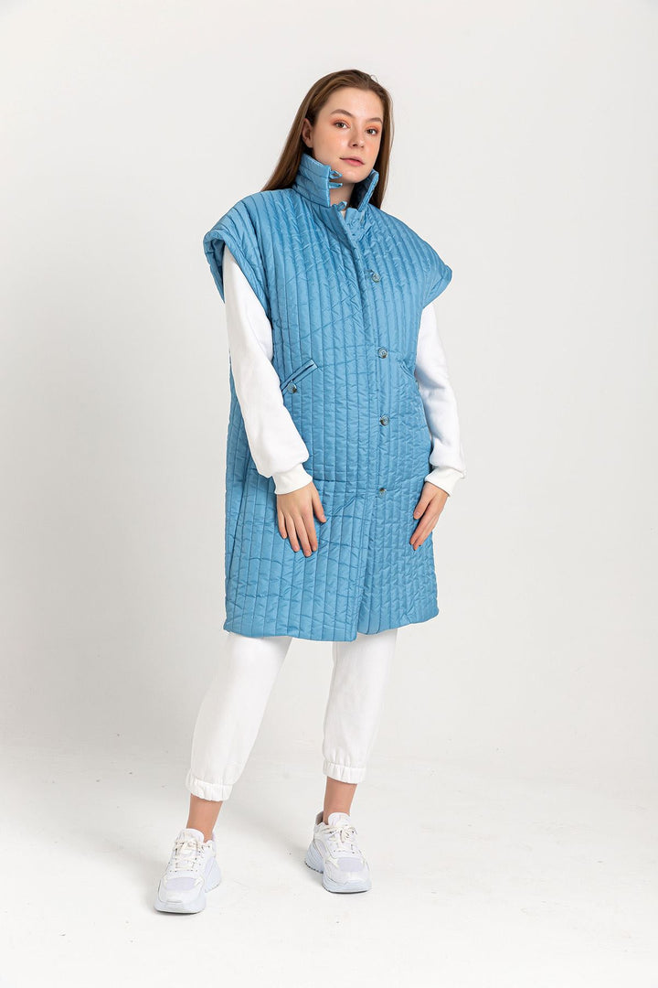 KKT Quilted Fabric Sleeveless Hooded Knee Height Button Women Vest - Light Blue - Alcalá de Henares