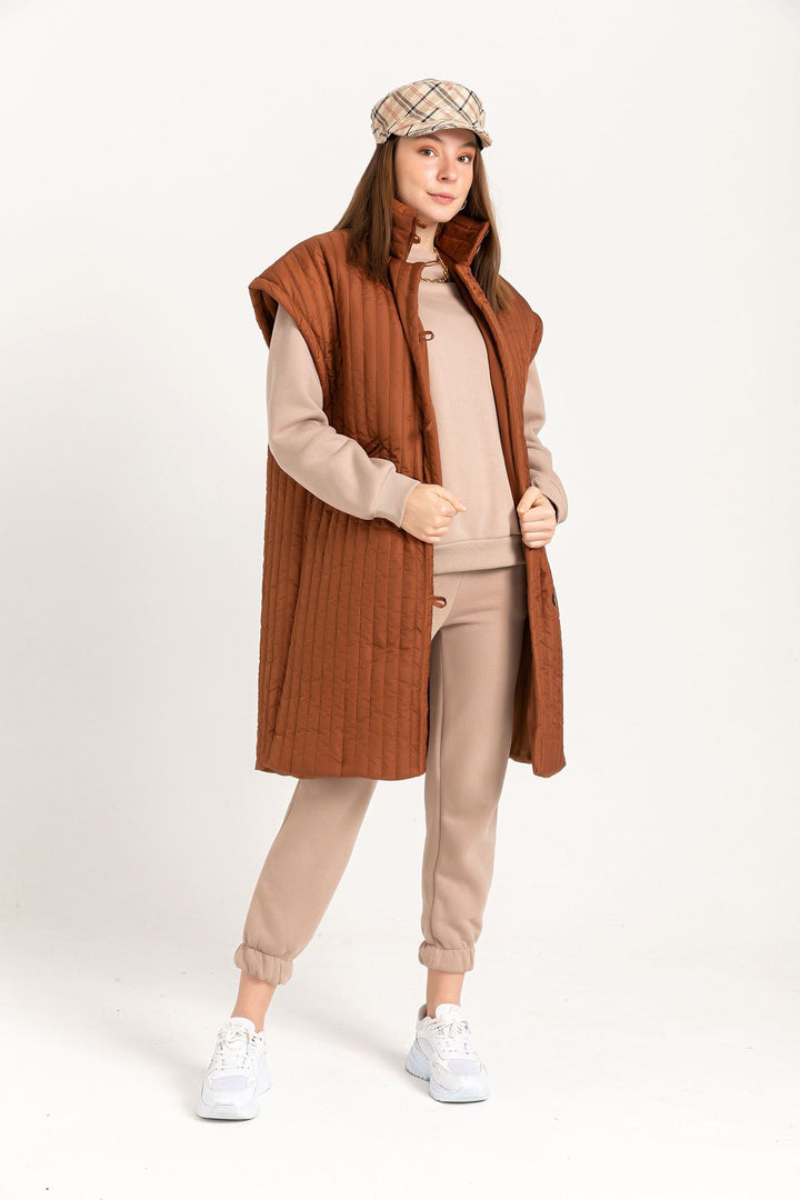 KKT Quilted Fabric Sleeveless Hooded Knee Height Button Women Vest - Light Brown - Walton upon Thames