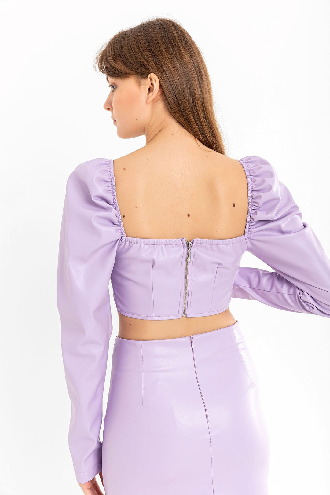 KKT Leather Fabric Long Sleeve Strapless Heart Neck Crop - Lilac - Fontenay-sous-Bois