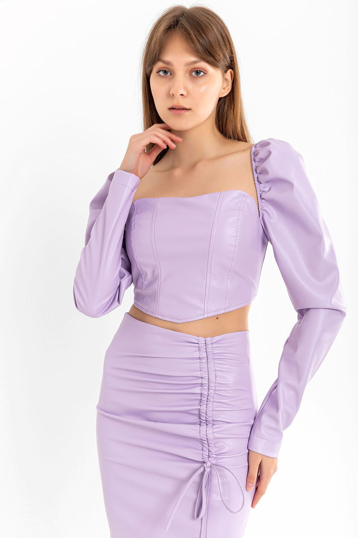 KKT Leather Fabric Long Sleeve Strapless Heart Neck Crop - Lilac - Fontenay-sous-Bois