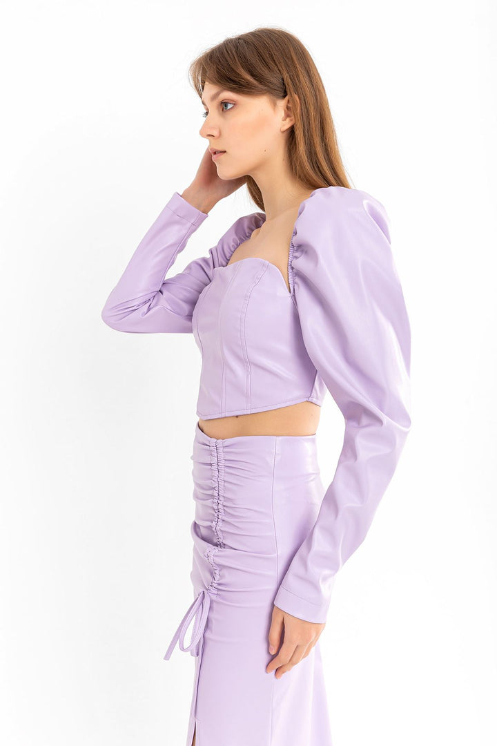 KKT Leather Fabric Long Sleeve Strapless Heart Neck Crop - Lilac - Fontenay-sous-Bois