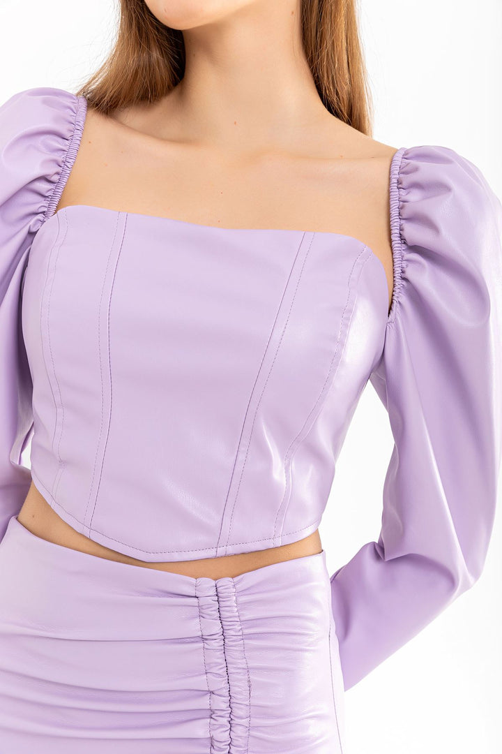 KKT Leather Fabric Long Sleeve Strapless Heart Neck Crop - Lilac - Fontenay-sous-Bois