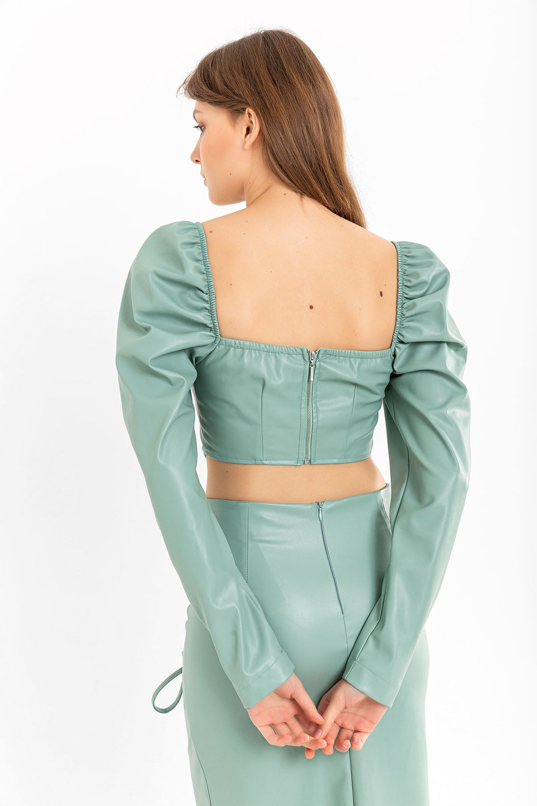 KKT Leather Fabric Long Sleeve Strapless Heart Neck Crop - Mint - Roeselare