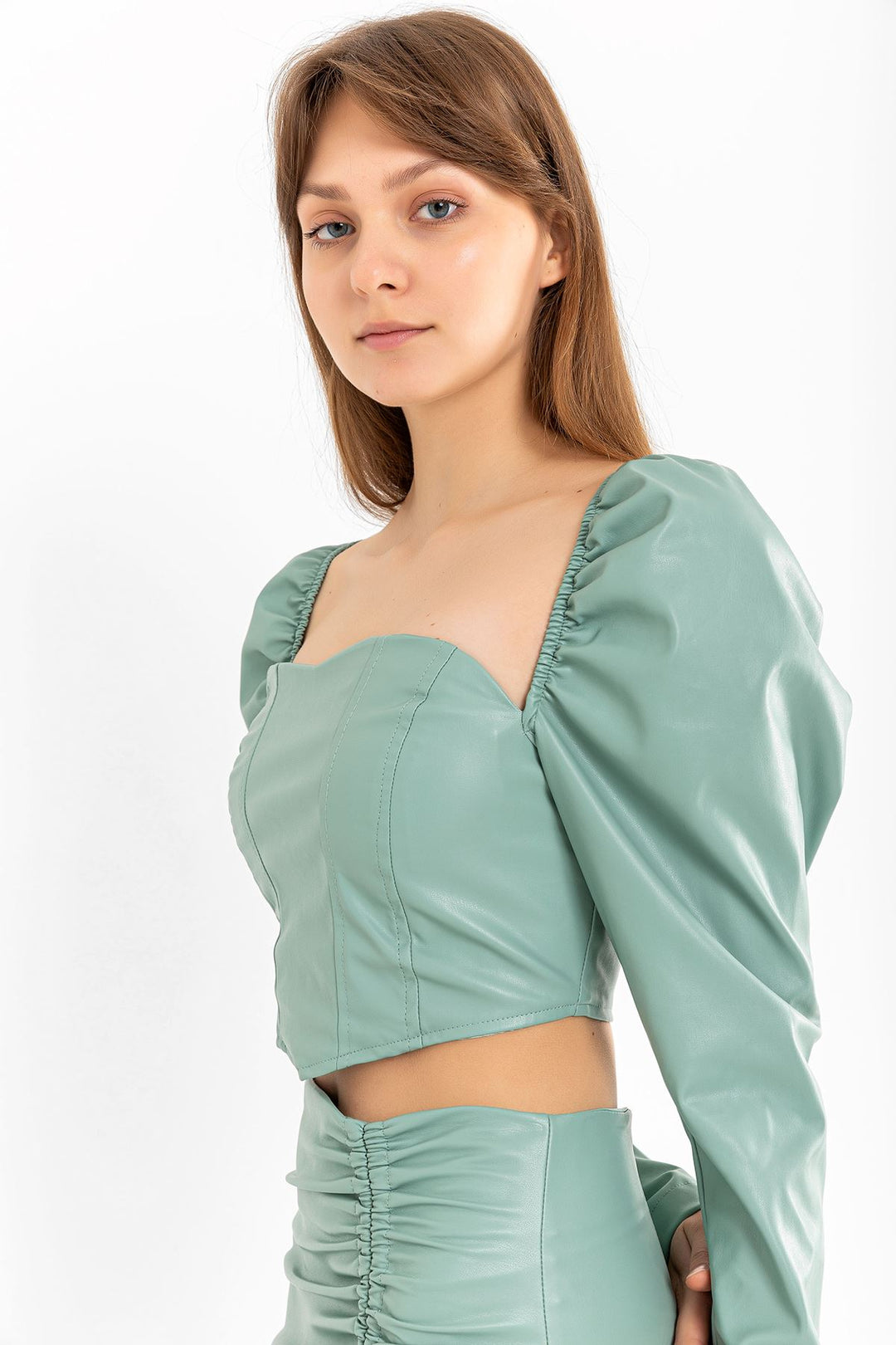 KKT Leather Fabric Long Sleeve Strapless Heart Neck Crop - Mint - Roeselare