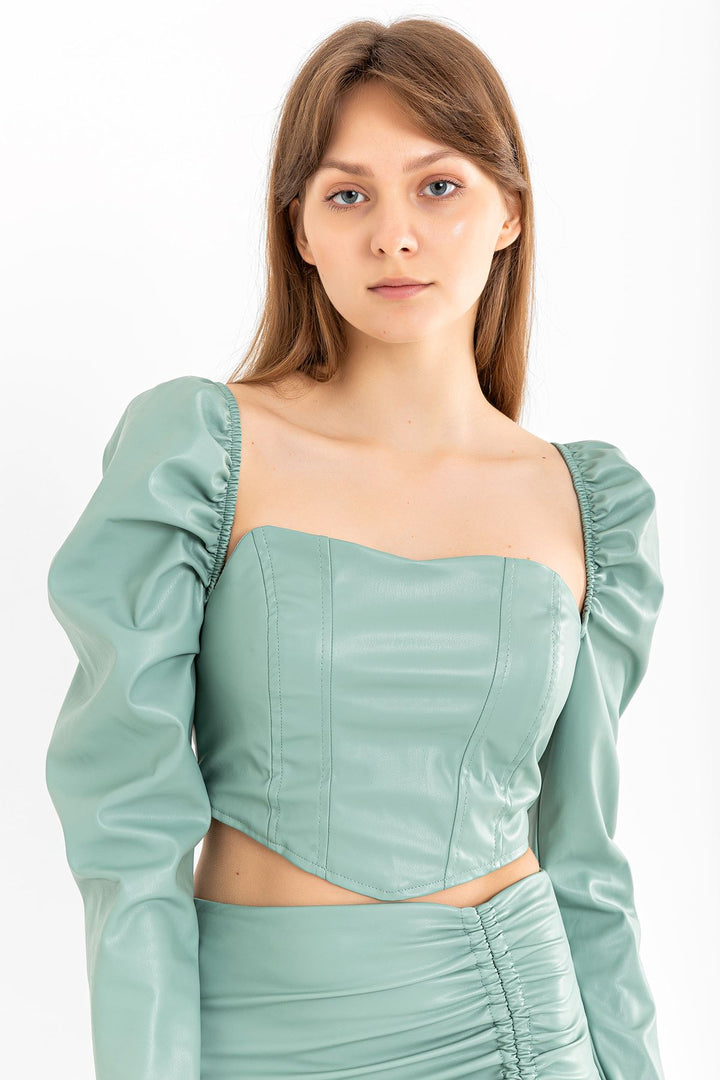 KKT Leather Fabric Long Sleeve Strapless Heart Neck Crop - Mint - Roeselare