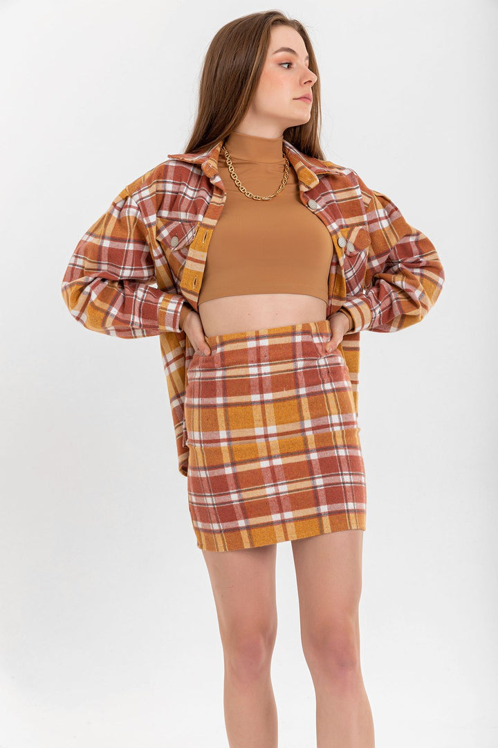 KKT Lumberjack Fabric Tight Fit Striped Mini Skirt - Mustard - Saint John