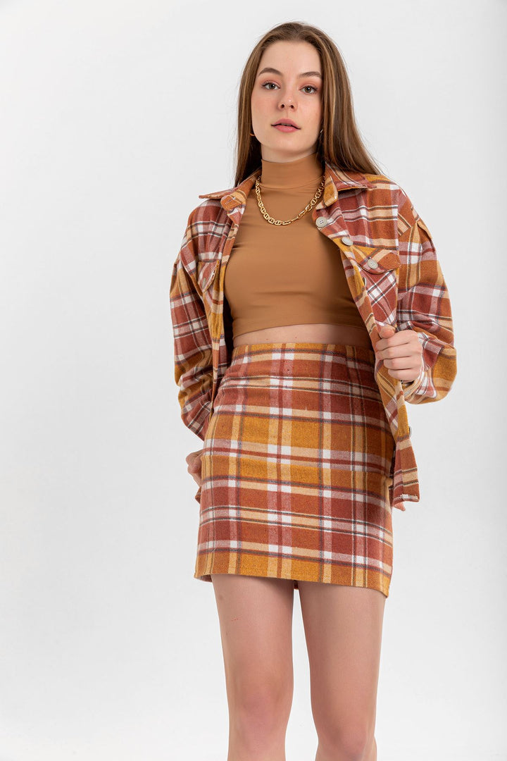 KKT Lumberjack Fabric Tight Fit Striped Mini Skirt - Mustard - Saint John