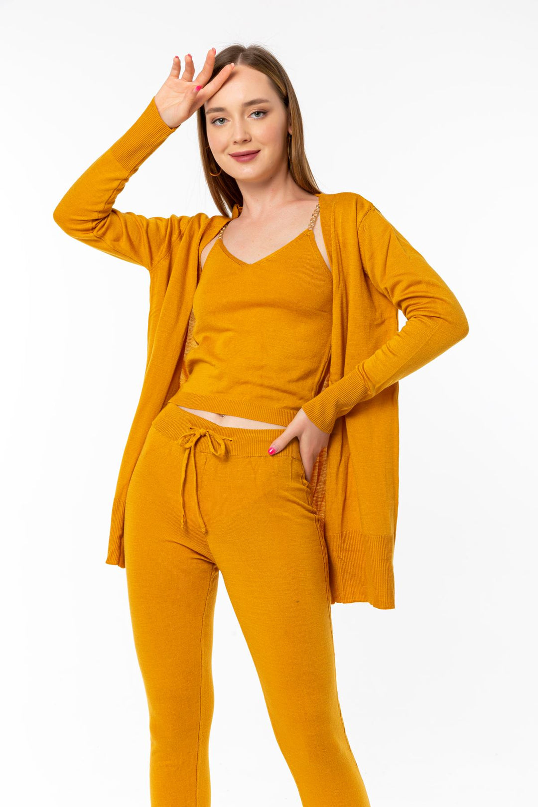 KKT Knitwear Fabric Wide V Neck Long Full Fit Women'S Set 3 Pieces - Mustard - Gainesville