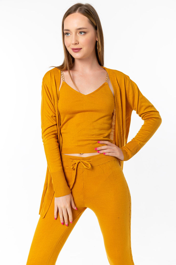 KKT Knitwear Fabric Wide V Neck Long Full Fit Women'S Set 3 Pieces - Mustard - Gainesville