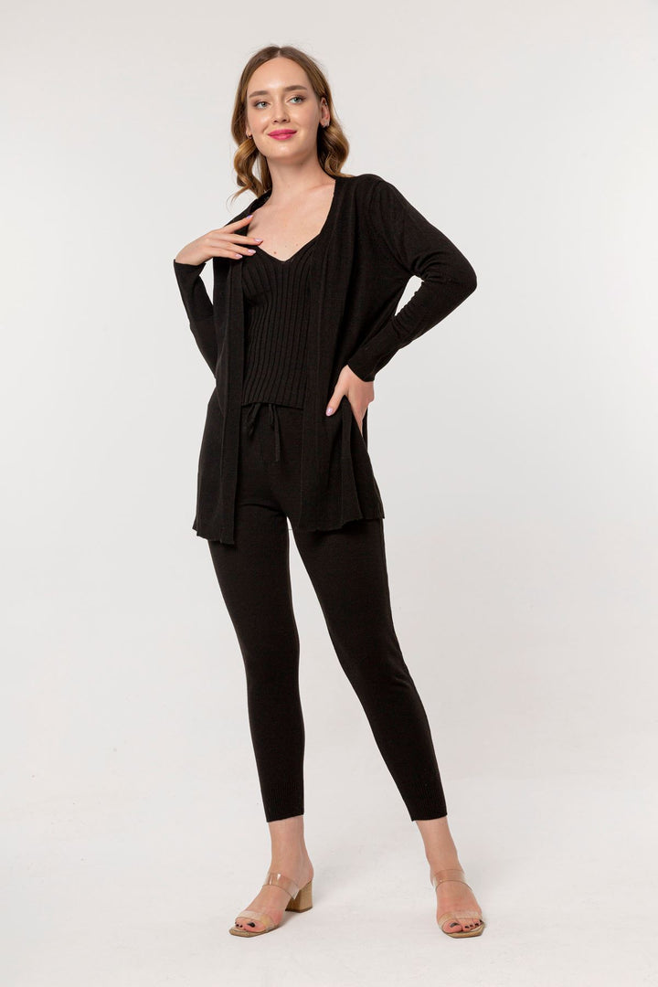 KKT Knitwear Fabric Long Sleeve V-Neck Long Women'S Knitwear Set 3 Pieces - Black - Cincinnati