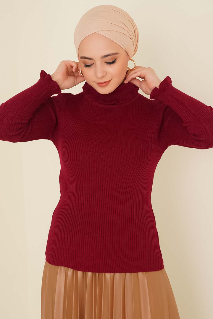 BNG Women Frilly Detailed Turtleneck Sweater Bordeaux - Clermont