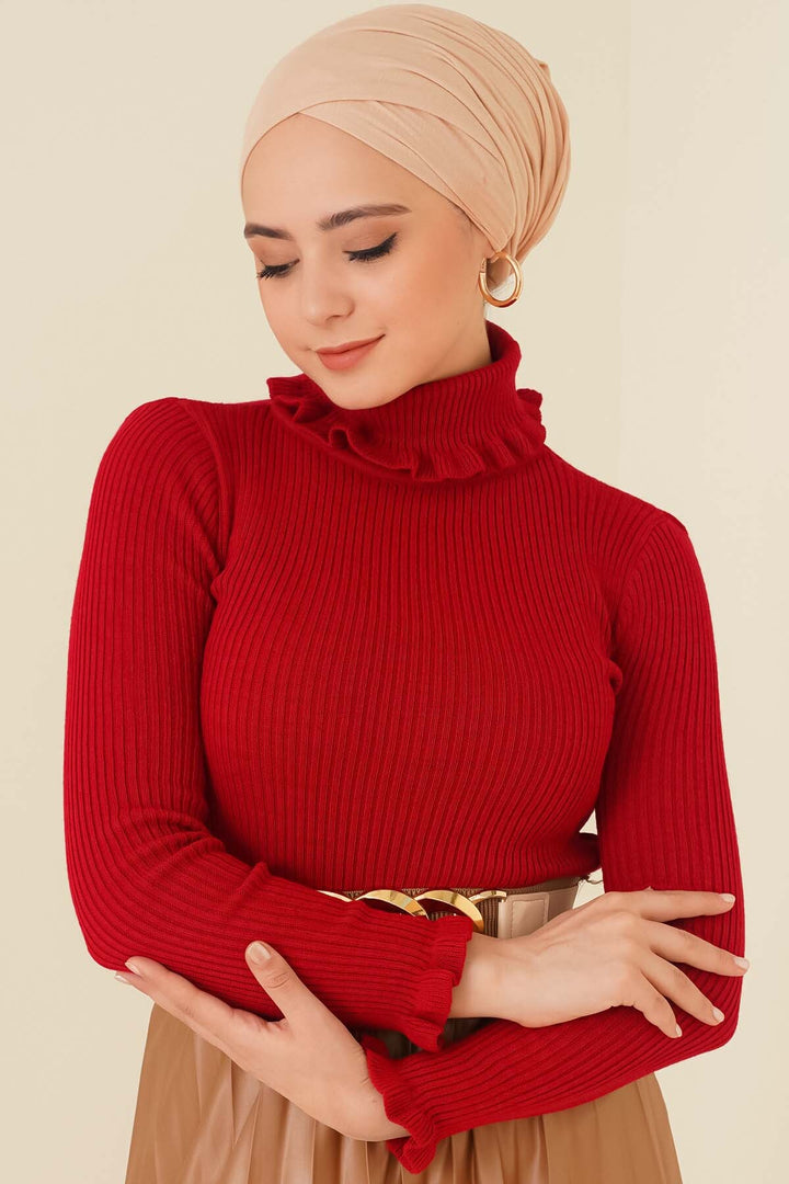 BNG Women Ruffle Detail Turtleneck Sweater Red - Clermont