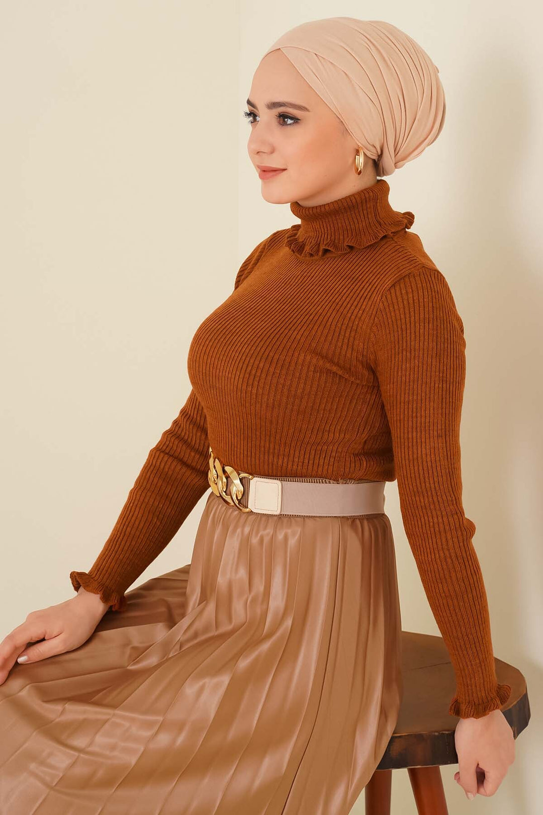 BNG Women Ruffle Detail Turtleneck Sweater in Tan - Clermont