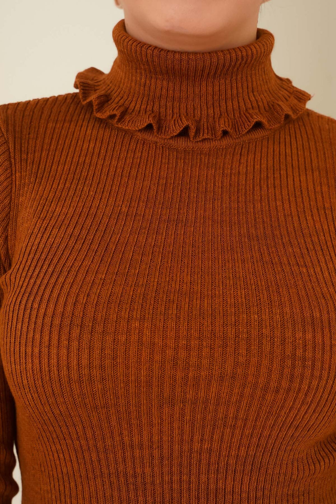 BNG Women Ruffle Detail Turtleneck Sweater in Tan - Clermont