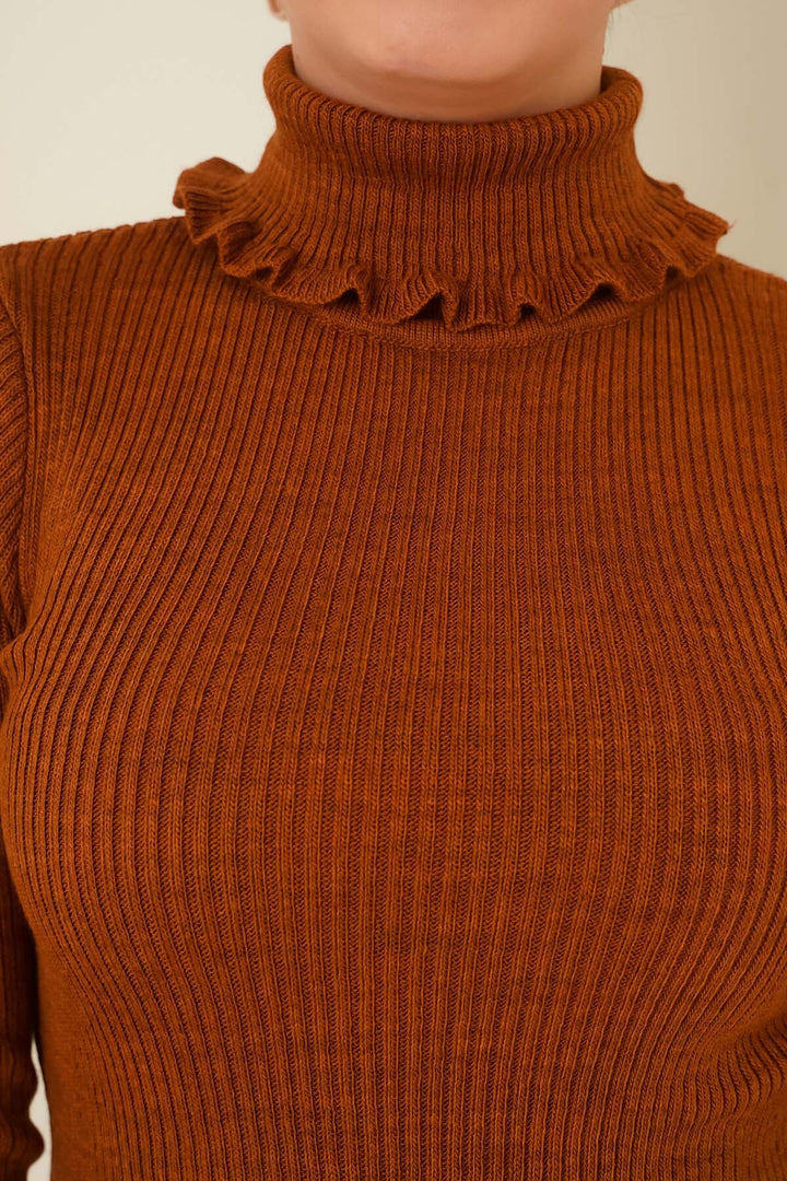 BNG Women Ruffle Detail Turtleneck Sweater in Tan - Clermont