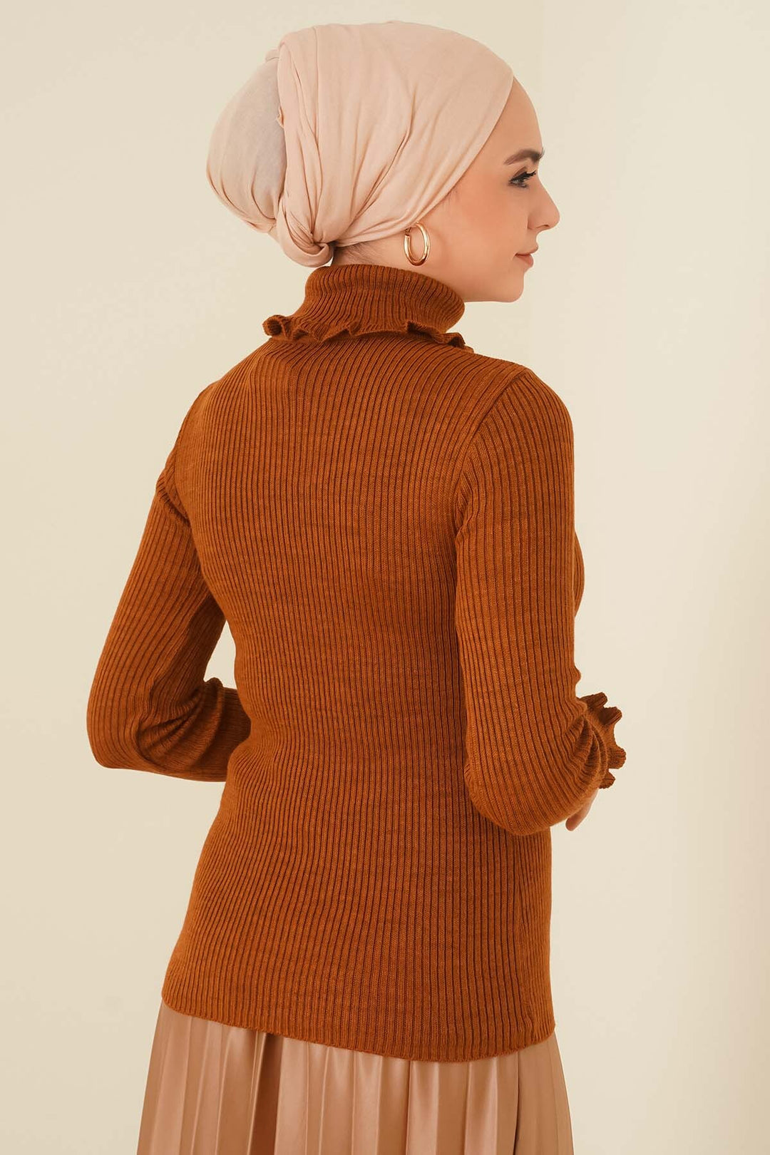 BNG Women Ruffle Detail Turtleneck Sweater in Tan - Clermont