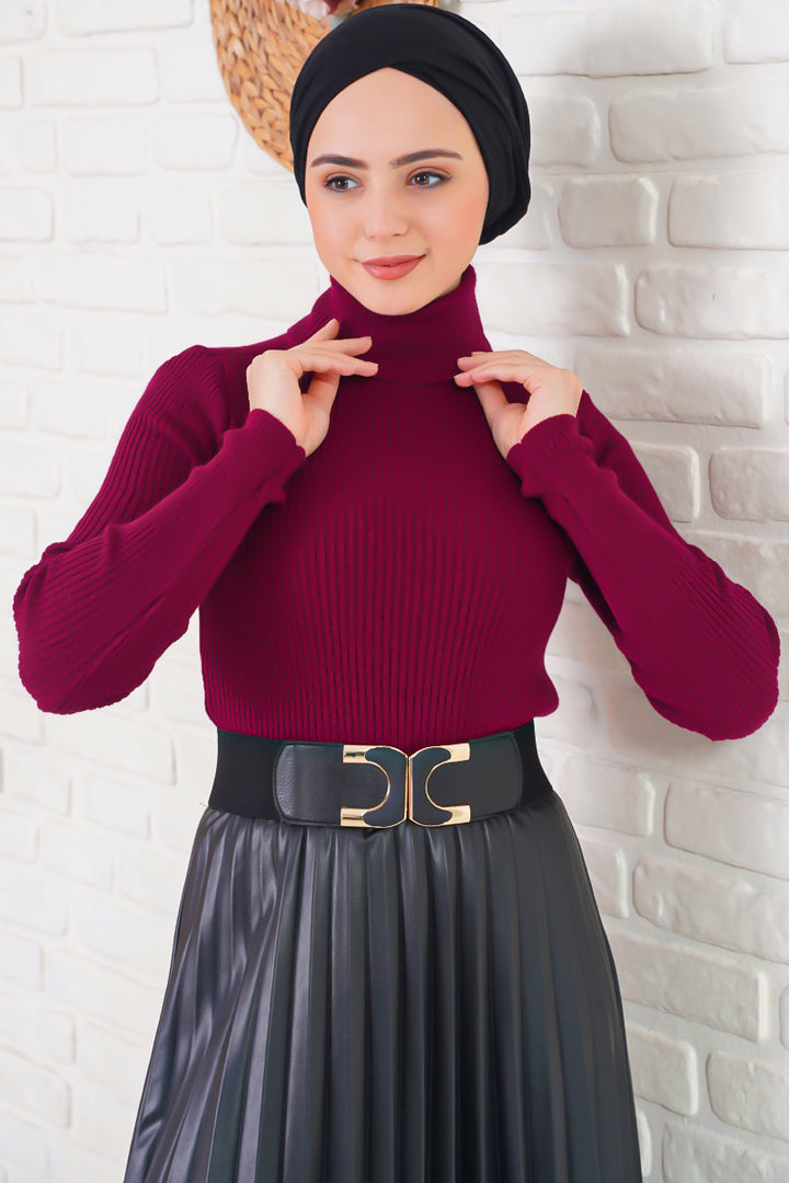 BNG Women Turtleneck Sweater with Ribbed Trim Bordeaux - Clermont