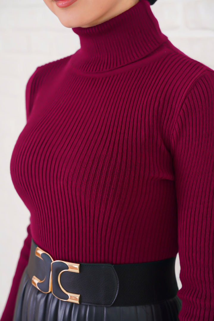 BNG Women Turtleneck Sweater with Ribbed Trim Bordeaux - Clermont